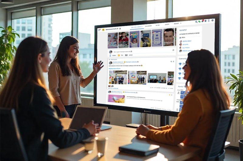 Three female colleagues review an enterprise intranet dashboard in a sunlit office.