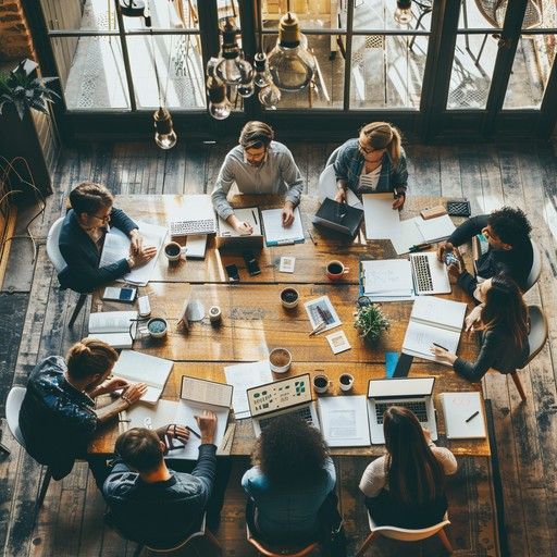 Overhead view of a diverse professional team collaborating around a wooden table.