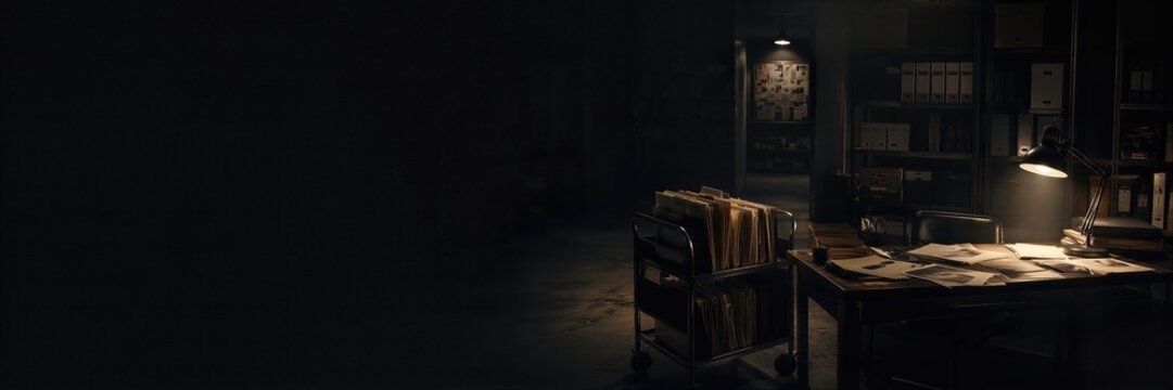 Dimly lit investigative desk with files, shelves, and a rolling cart