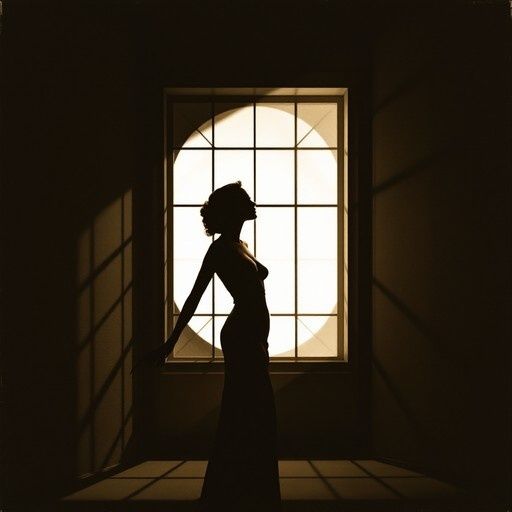 Silhouetted woman standing before a bright, gridded window