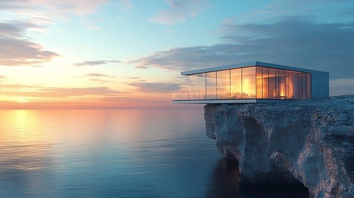 Modern glass house perched on a rocky sea cliff at sunset