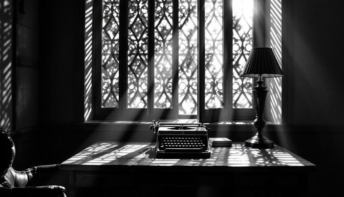 Vintage typewriter casting shadows on a desk beside a bright window
